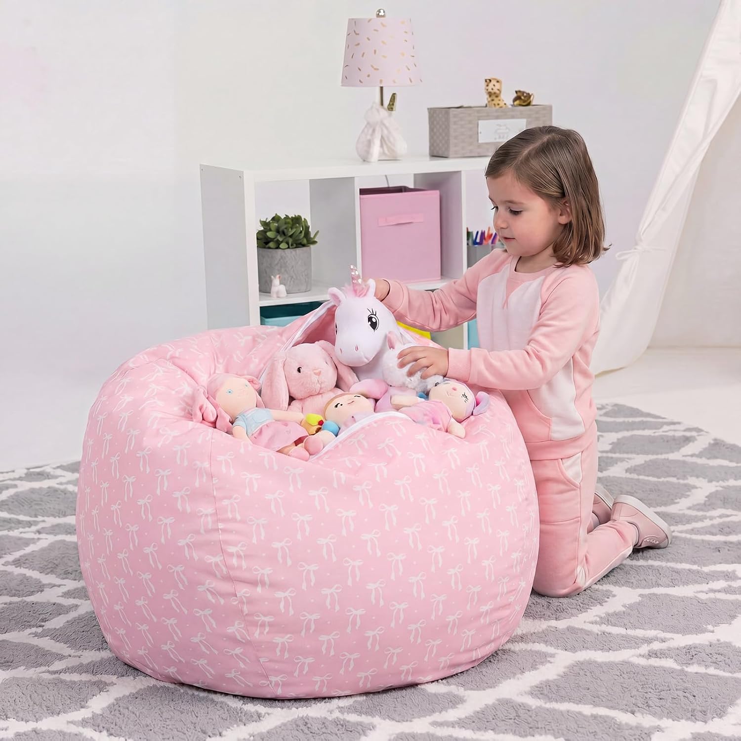 Pink Bow Bean Bag Cover for Kids 38 Inch Stuffed Animal Storage Bean Bag Chair Cotton Canvas Toy Storage Large Capacity Plush Toy Organizer for Playroom Bedroom Nursery