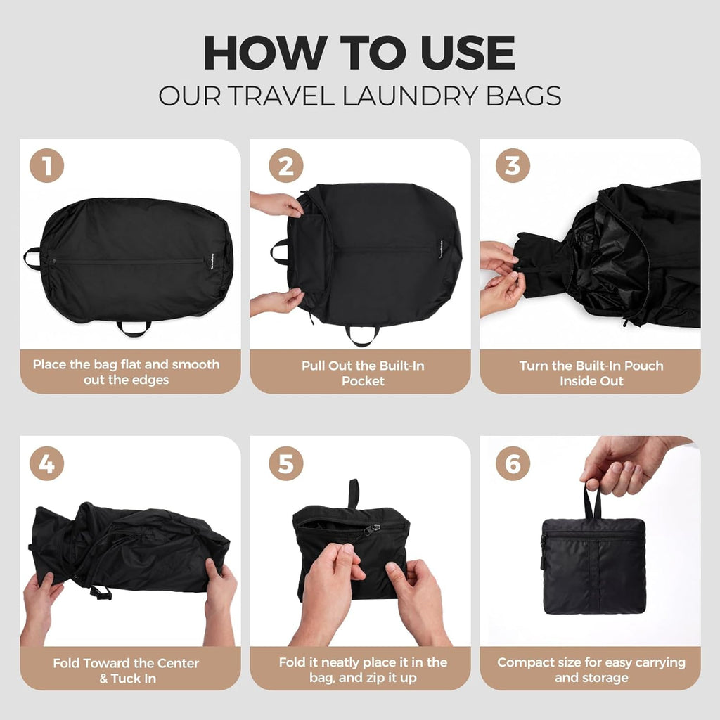 Travel Laundry Bag, Foldable Dirty Clothes Bag with Dual Zipper Opening, 40L Reusable Waterproof Laundry Bag, Large Capacity Travel Bag for Wet or Dirty Clothes for Travel, Camping & Storage (Black)