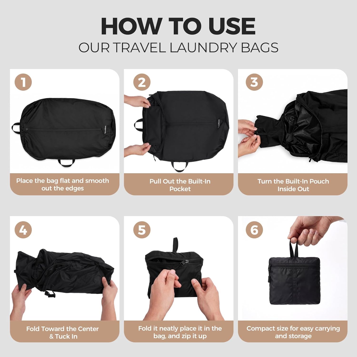 Travel Laundry Bag, Foldable Dirty Clothes Bag with Dual Zipper Opening, 40L Reusable Waterproof Laundry Bag, Large Capacity Travel Bag for Wet or Dirty Clothes for Travel, Camping & Storage (Black)