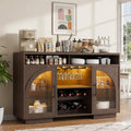 54" Coffee Bar Cabinet with Storage, LED Lights and Arched Glass Doors | Brown Wine Bar Cabinet w/ Wine Rack and Adjustable Shelves, Wood Grain Top for Kitchen, Home Bar, Dining Room, Living Room