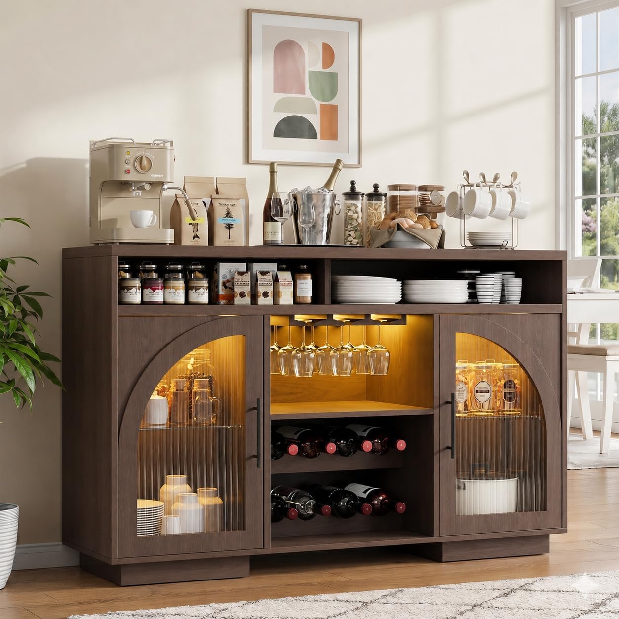 54" Coffee Bar Cabinet with Storage, LED Lights and Arched Glass Doors | Brown Wine Bar Cabinet w/ Wine Rack and Adjustable Shelves, Wood Grain Top for Kitchen, Home Bar, Dining Room, Living Room