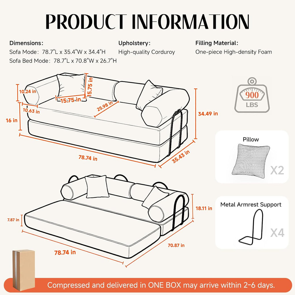 79" Corduroy Sofa Bed, Boneless Couch in a Box with 2 Pillows, High-Density Foam 4-in-1 Foldable Sleeper Futon Loveseat for Small Spaces, No Assembly, Side Pockets, Hex Arm Hunter Green