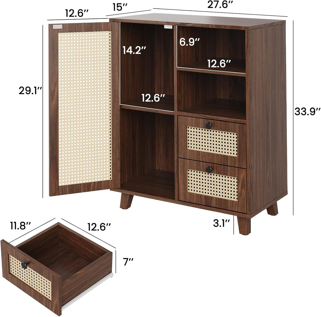 Farini Side Buffet Cabinet with Rattan Doors,Kitchen Sideboard with 2 Drawers Coffee Bar Storage Console Table,Walnut,27.6 inch