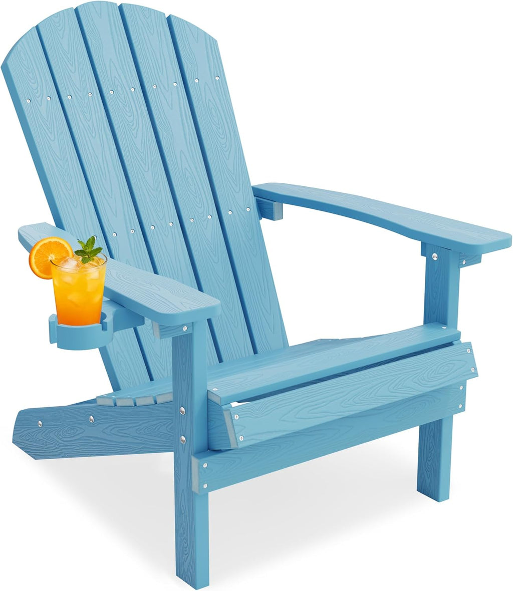 YEFU Adirondack Chair Weather Resistant: Outdoor Chair HIPS Plastic Adirondack Chairs - Patio Chairs with Cup Holder & Wood Texture - Lawn Fire Pit Deck Porch Garden Chairs for Adults (Blue)