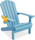 YEFU Adirondack Chair Weather Resistant: Outdoor Chair HIPS Plastic Adirondack Chairs - Patio Chairs with Cup Holder & Wood Texture - Lawn Fire Pit Deck Porch Garden Chairs for Adults (Blue)