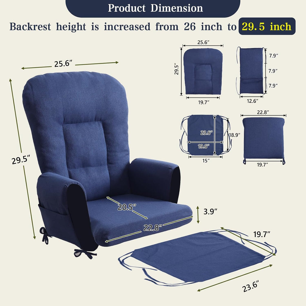 ANMINY 5pcs Glider Rocker Replacement Cushions Set - Thickened Glider Rocking Chair Cushions with 29.5 inch High Backrest & Side Pockets for Indoor Nursery, Washable & Non Slip, Blue