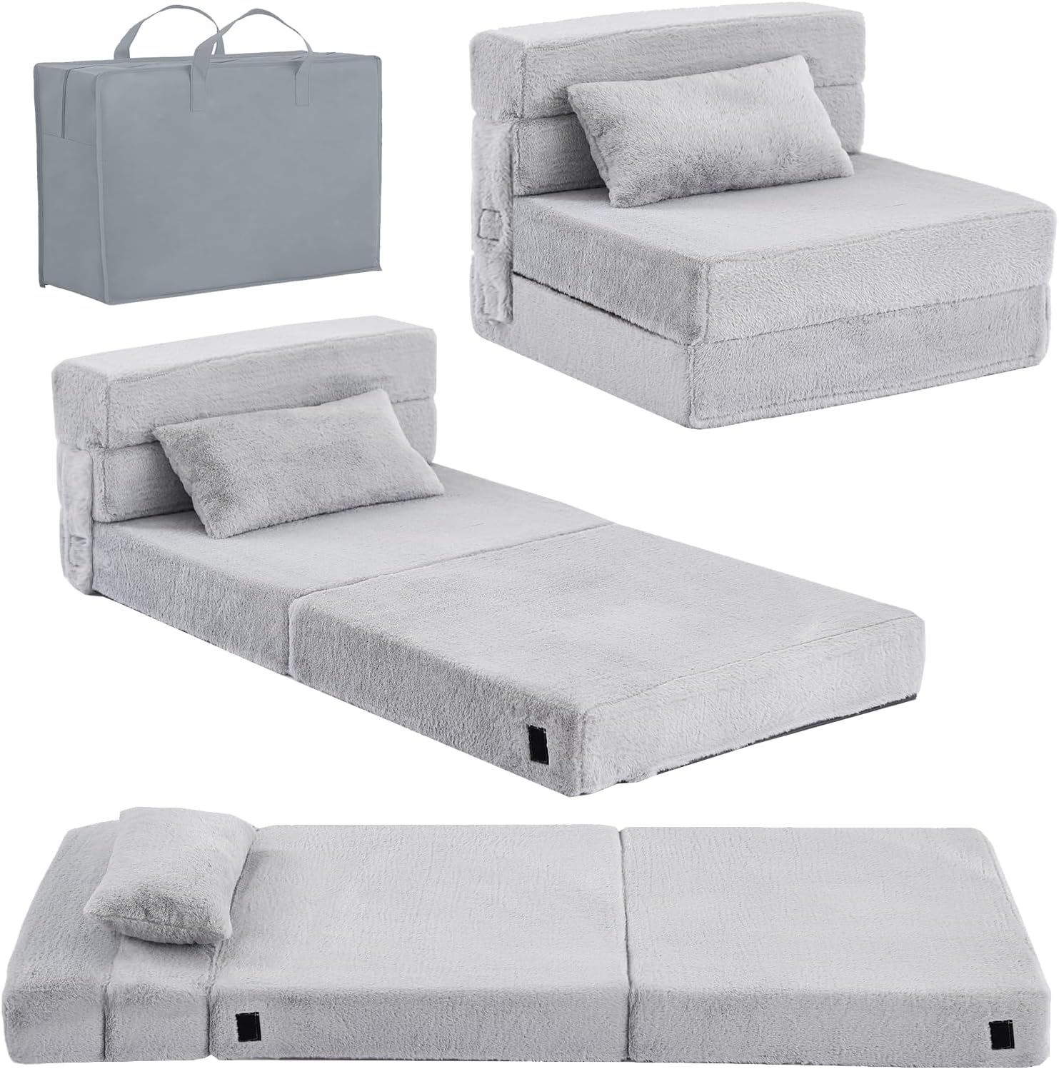 Tiita Kids Floor Mattress for Toddler, Child Fold Up Sofa Couch Convertible Futon Folding Chair with Storage Bag for Kids, Plush Grey