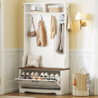 HOOBRO Hall Tree with Bench, Entryway Bench with Coat Rack and Shoe Cabinet, Flip Drawers, Farmhouse Hall Tree with Shoe Organizer, Mud Room, White and Walnut WH85MT01