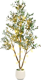 TNELTUEB 6FT Artificial Olive Tree Indoor with Lights & Planter, Realistic Faux Olive Trees with Lifelike Fruits for Living Room Decor, Tall Fake Silk Plants for Modern Home Office