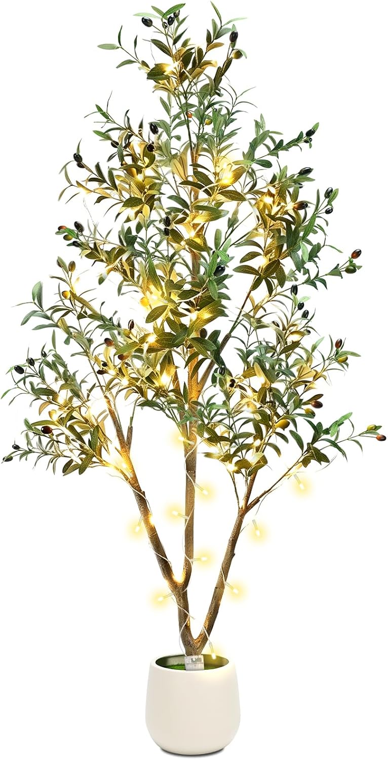 TNELTUEB 6FT Artificial Olive Tree Indoor with Lights & Planter, Realistic Faux Olive Trees with Lifelike Fruits for Living Room Decor, Tall Fake Silk Plants for Modern Home Office