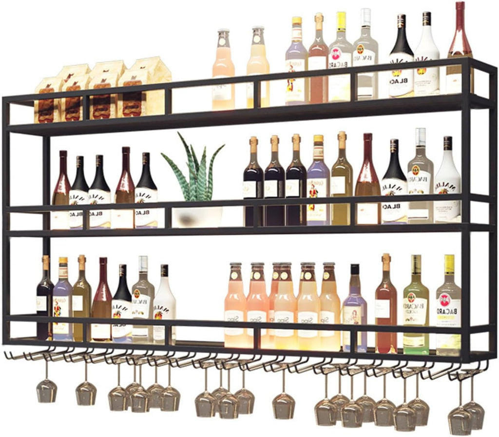 Large Heavy Duty 39in Wine Rack with LED Wall Mounted Bottle Glass Holder Under Shelf, 3-Tiers Liquor Floating Shelves Display Storage Organizer Hanging Long Stemware Goblet Metal for Home Bar