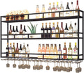 Large Heavy Duty 39in Wine Rack with LED Wall Mounted Bottle Glass Holder Under Shelf, 3-Tiers Liquor Floating Shelves Display Storage Organizer Hanging Long Stemware Goblet Metal for Home Bar