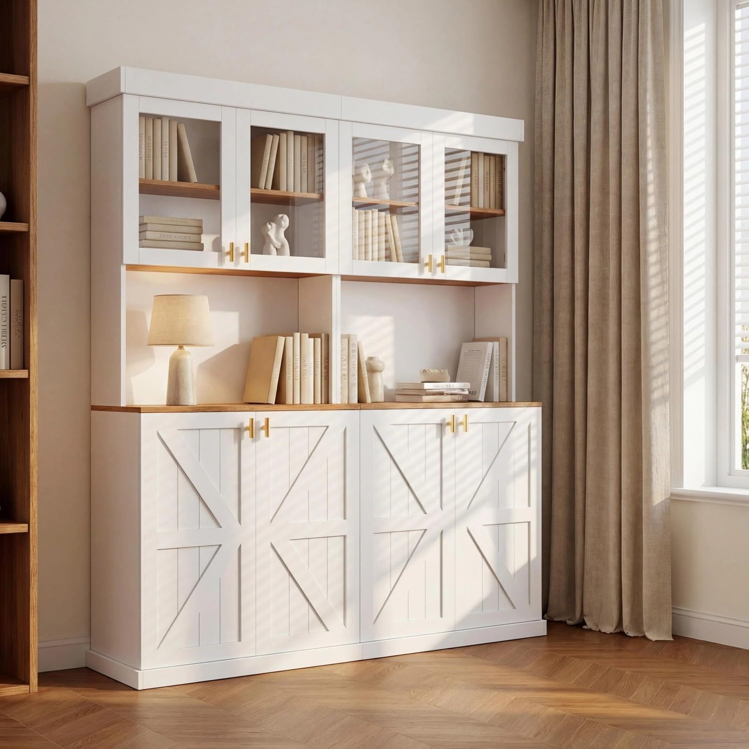 Farmhouse Kitchen Pantry Cabinet Set of 2, 71-Inch Tall Storage Cabinet with Glass Doors, Coffee Bar Hutch with Microwave Stand and Adjustable Shelves for Kitchen, Dining Room, Living Room, White