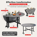 Drop Leaf Table, 51.2" Round Collapsible Dining Table for 7-9 People, Wooden Folding Dining Tables with 6 Wheels, Mobile and Stable, Space Saving, for Living Room, Farmhouse