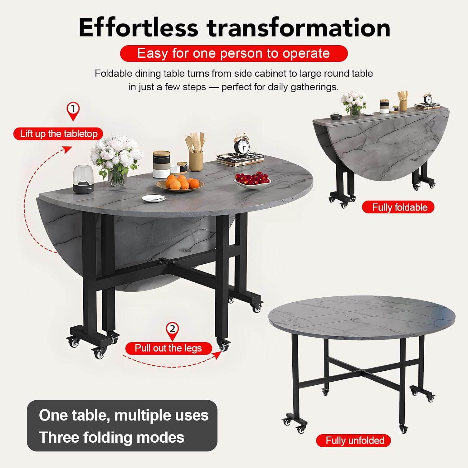 Drop Leaf Table, 51.2" Round Collapsible Dining Table for 7-9 People, Wooden Folding Dining Tables with 6 Wheels, Mobile and Stable, Space Saving, for Living Room, Farmhouse