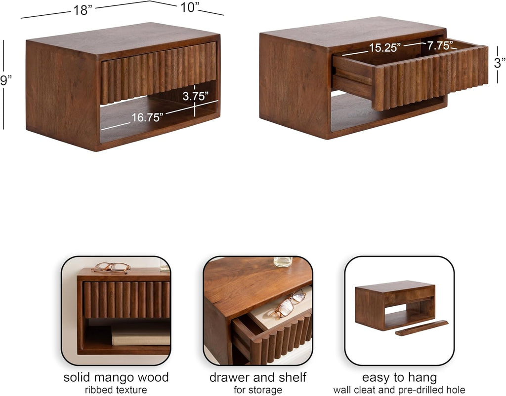 Kate and Laurel Reid Ribbed Wooden Tiered Floating Side Table, 18 x 10 x 9, Walnut Brown, Modern Rectangular Mango Wood Floating Nightstand with Drawer for Bedroom Storage or Living Room End Table
