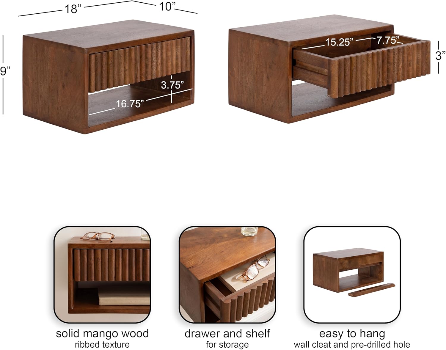 Kate and Laurel Reid Ribbed Wooden Tiered Floating Side Table, 18 x 10 x 9, Walnut Brown, Modern Rectangular Mango Wood Floating Nightstand with Drawer for Bedroom Storage or Living Room End Table