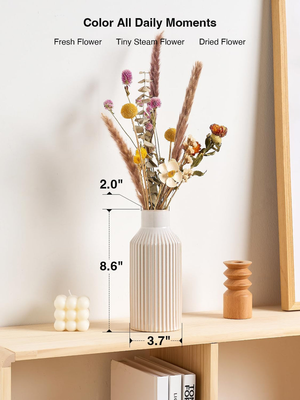 STHIE Beige Ceramic Vase, 8 Inch Rustic Farmhouse Minimalist Vases Home Decor, Small Pampas Grass Vases for Table Living Room (White)
