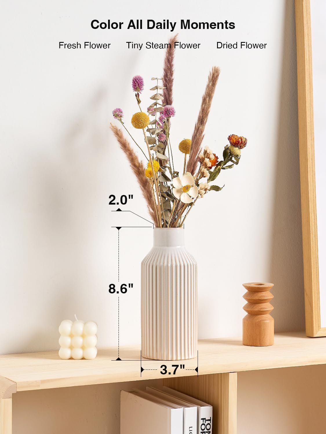 STHIE Beige Ceramic Vase, 8 Inch Rustic Farmhouse Minimalist Vases Home Decor, Small Pampas Grass Vases for Table Living Room (White)