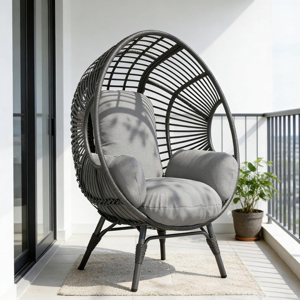 Egg Chair Outdoor Indoor Wicker, 400lbs Capacity, Ergonomic Seat, Easy-Maintenance Cover Balcony Chairs(Black+Gray)