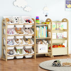 Toy Storage Organizer with 3 Shelves and 12 Bins, 2-Tier Bookshelf/Bookcase with Storage Box, Kids Bin Shelf, Toys Box for Bedroom, Playroom, Organization Room Decor, White