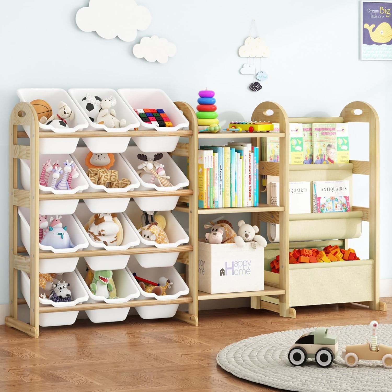 Toy Storage Organizer with 3 Shelves and 12 Bins, 2-Tier Bookshelf/Bookcase with Storage Box, Kids Bin Shelf, Toys Box for Bedroom, Playroom, Organization Room Decor, White