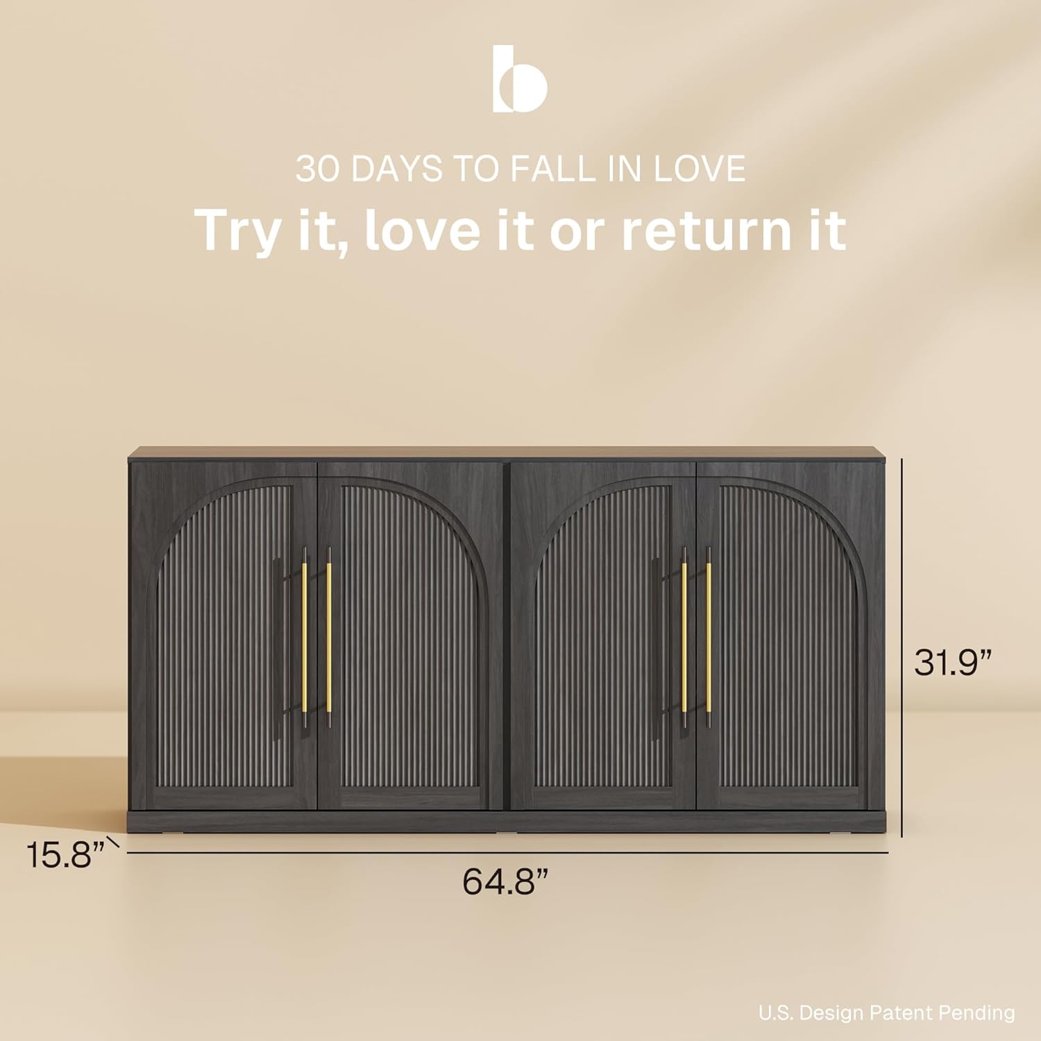 BELLEZE 65 Inch Sideboard Cabinet with Double-Arc Wood Doors, Large Buffet Cabinet with Storage and Adjustable Shelves, Classic Modern Console Table for Dining Room Living Room Entryway (Ebony)
