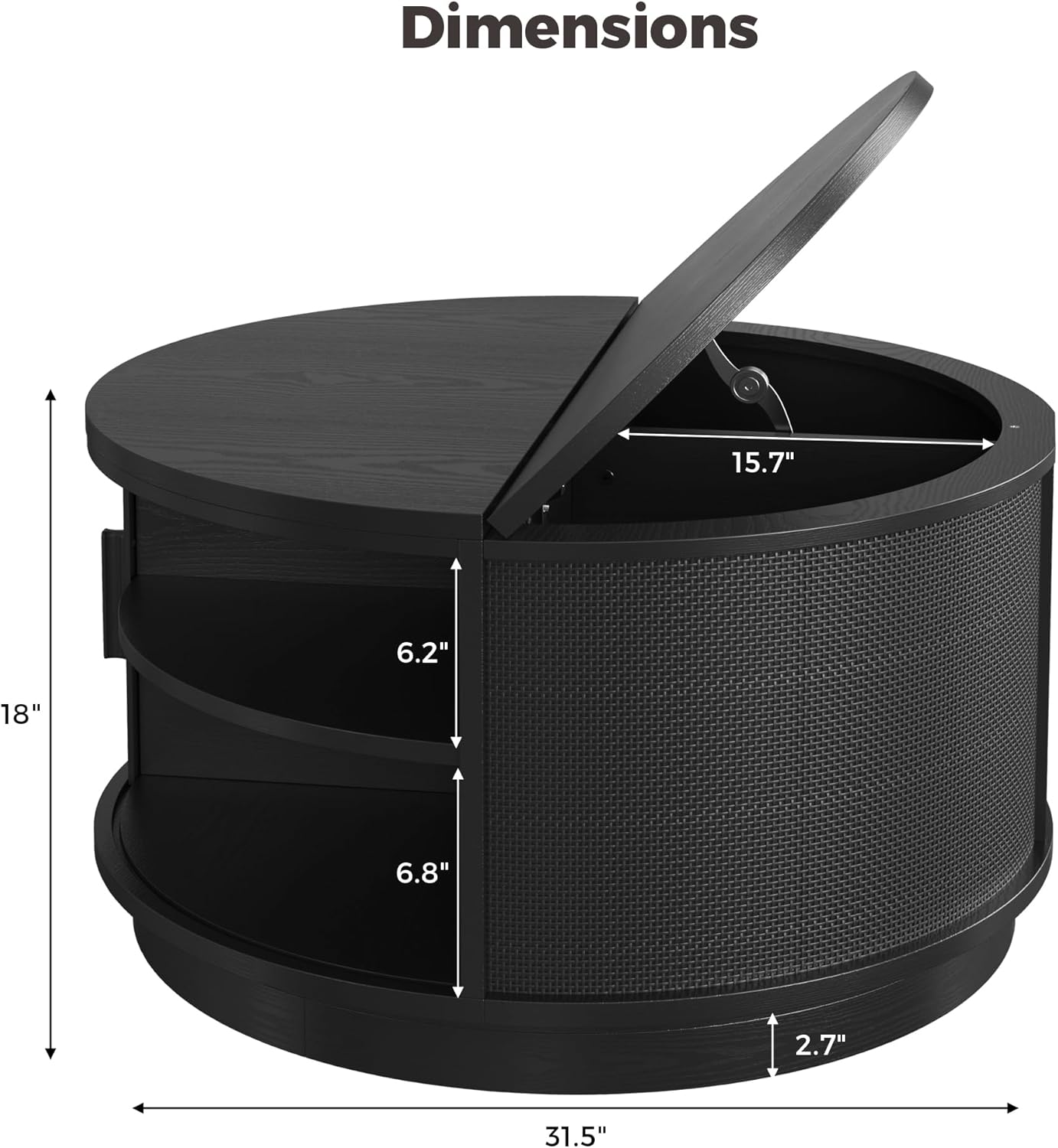 LIKIMIO Round Coffee Table with Storage, 360° Rotating Fluted Rattan Coffee Table for Living Room, 31.5" Modern Center Table with Sliding Cabinet Doors for Small Space, Office, Black