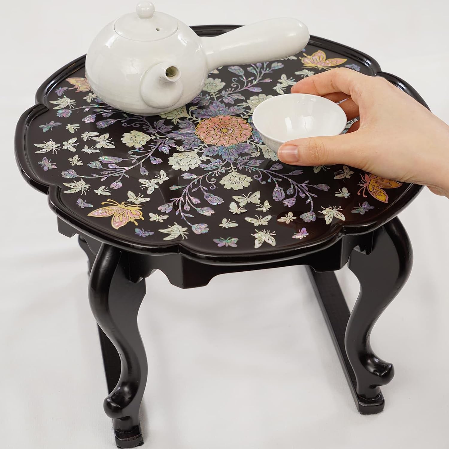 February Mountain Mother of Pearl Tray Table – Round Tea Table with Floral Butterfly Inlay, Small Decorative Side Table for Living Room, Home Decor Accent (Black)