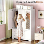 VINGLI Armoire Wardrobe Closet with Doors and Mirror,47"W Wardrobe Cabinet Wooden with Hanging Rod & Shelves Inside, 4 Door Bedroom Armoires with Drawers, Modern White Freestanding Armoire for Bedroom