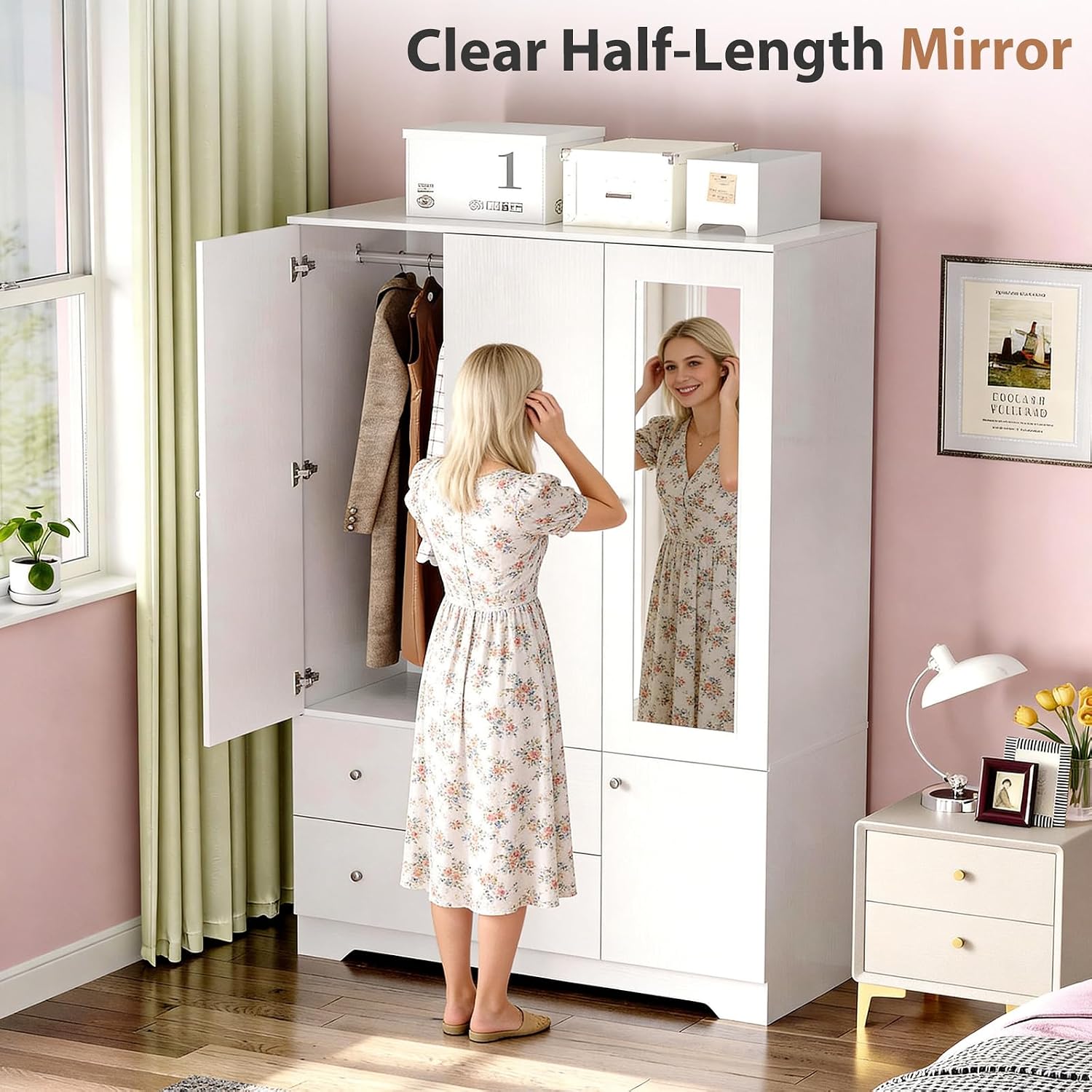 VINGLI Armoire Wardrobe Closet with Doors and Mirror,47"W Wardrobe Cabinet Wooden with Hanging Rod & Shelves Inside, 4 Door Bedroom Armoires with Drawers, Modern White Freestanding Armoire for Bedroom