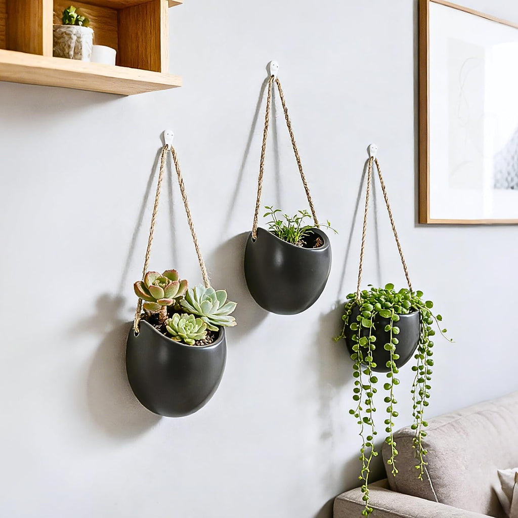 Set of 3 Ceramic Wall Planters - Small Hanging Pocket Vases for Indoor Plants & Dried Flowers, Wall Decor for Home Room Garden Office