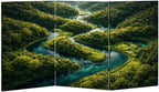 Small 3 Panels Folding Screen Room Divider Winding River Green Forest Vibrant Blue Water Boho Divider for Room Separation Portable Privacy Partition Screen Indoor