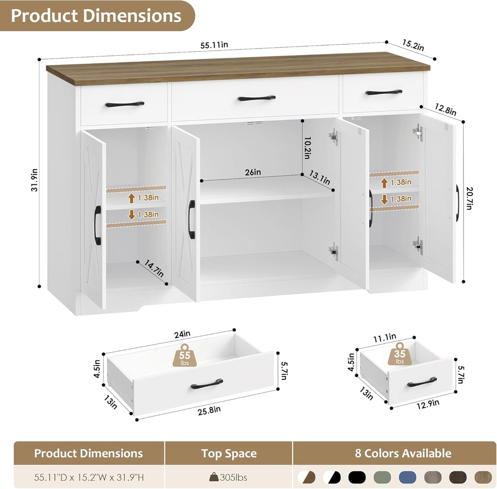 HOSTACK Buffet Cabinet with Drawers, 55" Large Sideboard Buffet Storage Cabinet with Shelves and Doors, Modern Farmhouse Coffee Bar Station Wood Kitchen Table for Kitchen, Dining Room, White/Rustic
