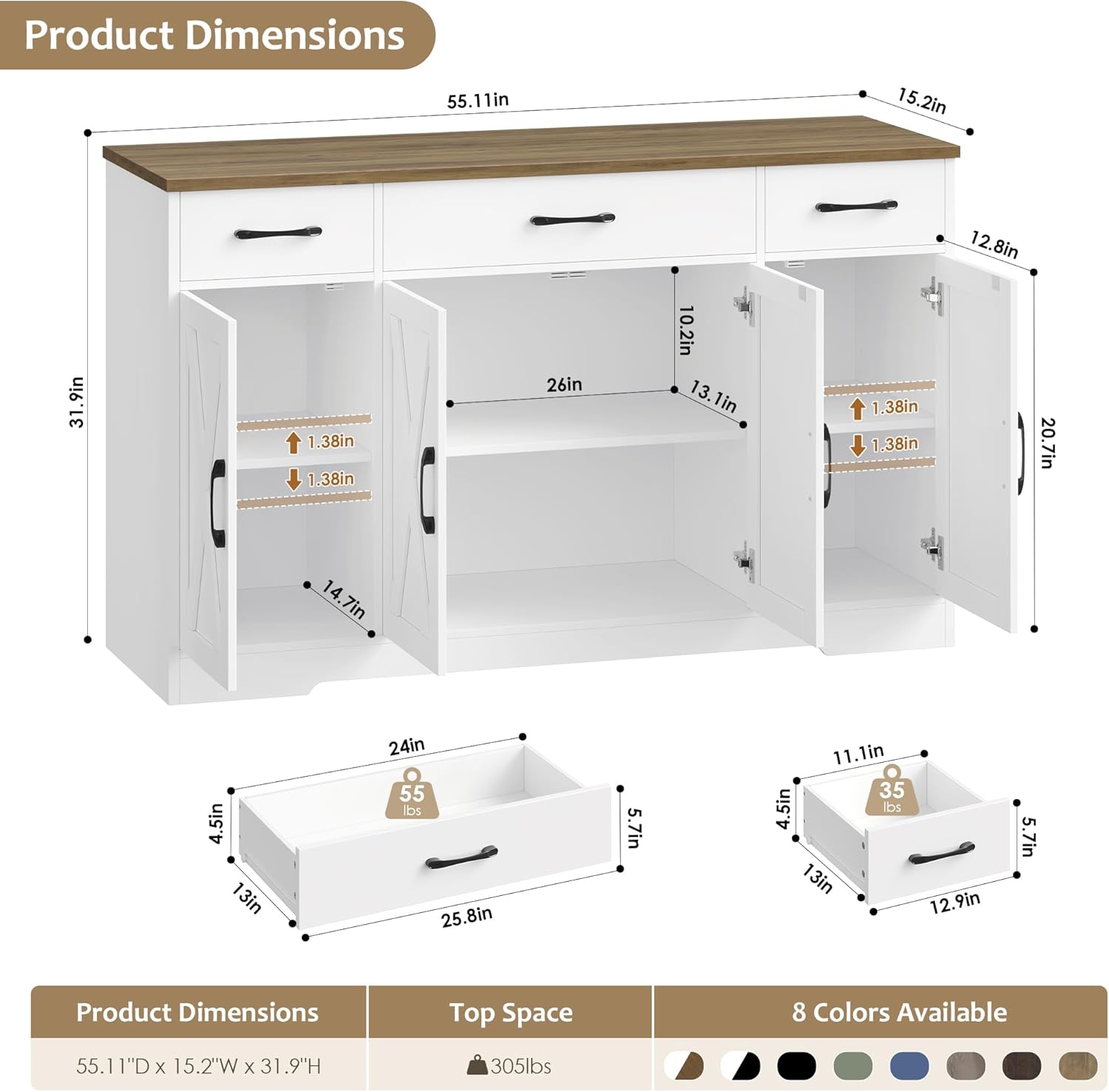HOSTACK Buffet Cabinet with Drawers, 55" Large Sideboard Buffet Storage Cabinet with Shelves and Doors, Modern Farmhouse Coffee Bar Station Wood Kitchen Table for Kitchen, Dining Room, White/Rustic