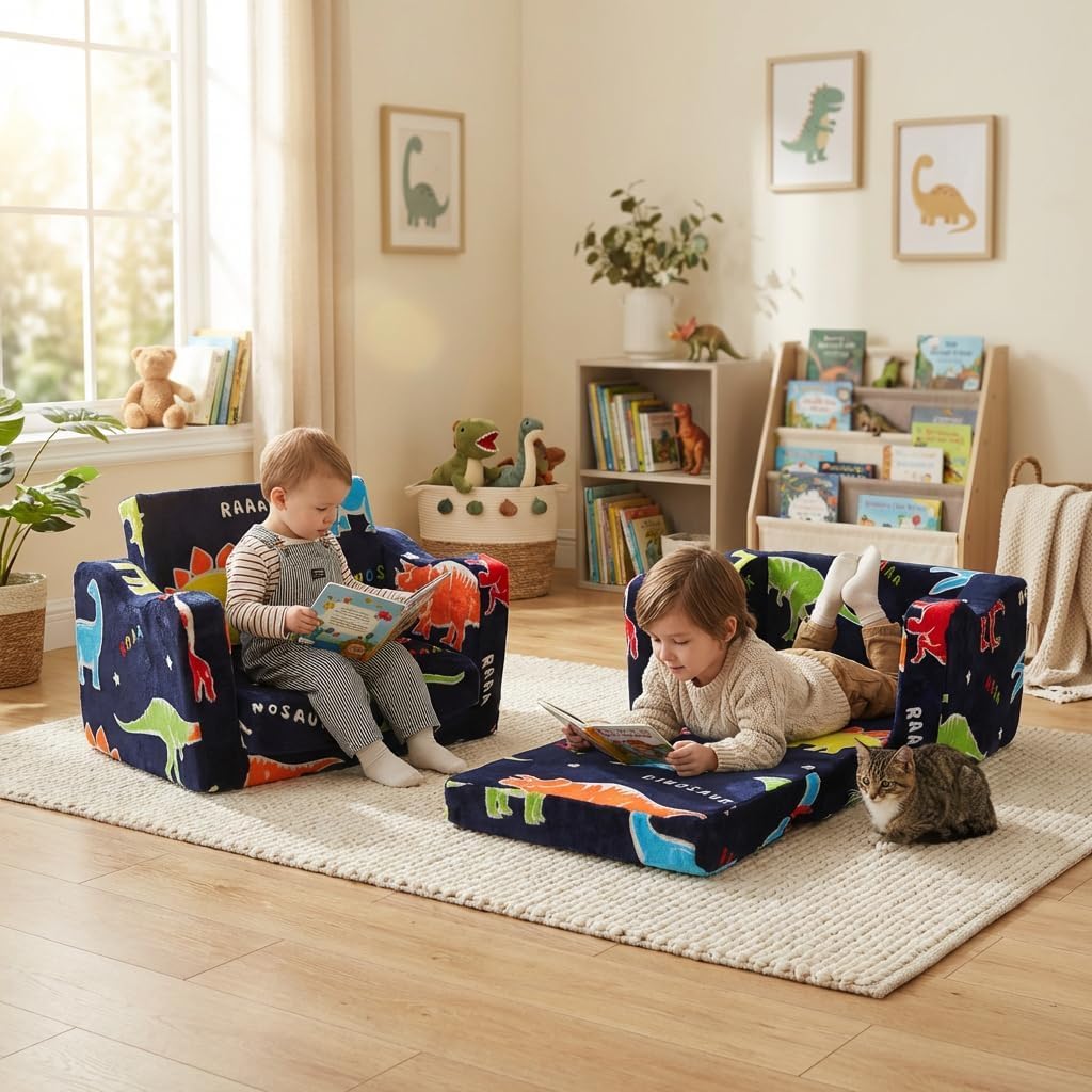 Toddler Couch, Glow in the Dark Dinosaur Kids Couch, 2-in-1 Foldable Flip Open Kids Sofa Chair for Reading, Playtime and Playroom, Gift for Boys and Girls