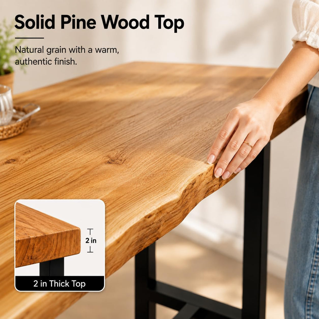 Solid Pine Wood Bar Table 47.2" - Industrial Counter Height Pub Table with Heavy Duty Steel Frame - Narrow High Top Table for Kitchen Island Home Bar & Small Spaces - Rustic Farmhouse (No Stools)