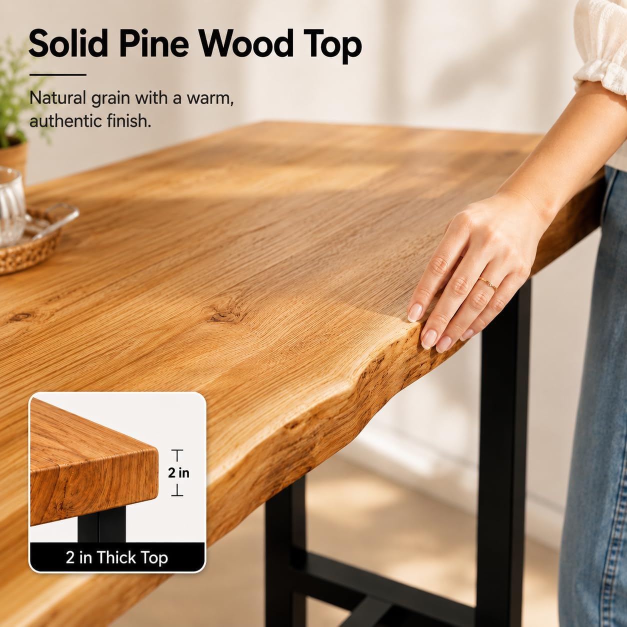 Solid Pine Wood Bar Table 47.2" - Industrial Counter Height Pub Table with Heavy Duty Steel Frame - Narrow High Top Table for Kitchen Island Home Bar & Small Spaces - Rustic Farmhouse (No Stools)