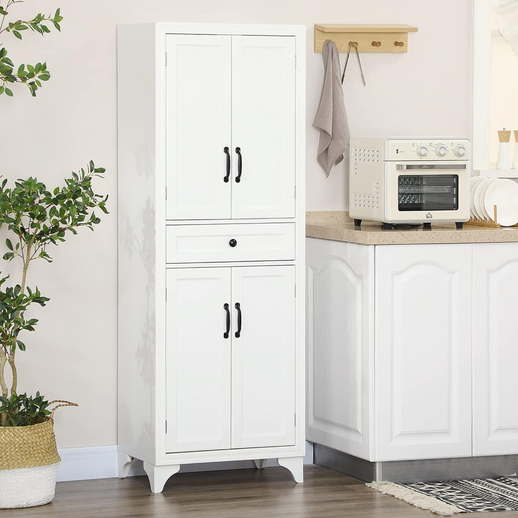 67" Tall Kitchen Pantry Cabinet, 4-Door Storage with Drawer & Adjustable Shelves, Stylish White Cabinet for Dining Room