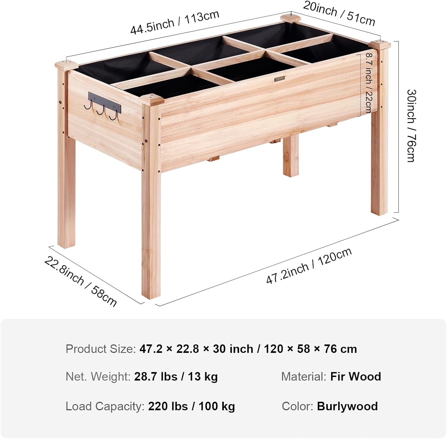 VEVOR Raised Garden Bed 48x24x30in with Sturdy Legs, High End Natural Fir Wood Planter Box Elevated Planting Stand for Backyard/Garden/Patio/Balcony w/Non -Woven Liner & 1 Set of Tool, 220lb Capacity