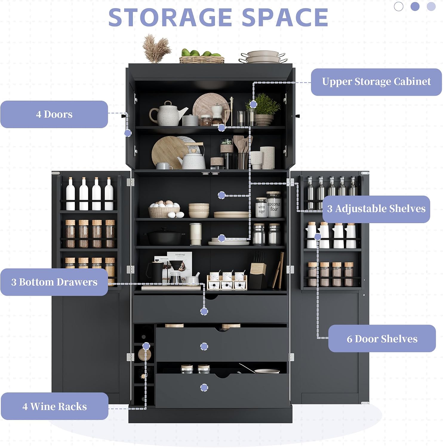 Tall Kitchen Pantry Cabinet with Adjustable Shelves, Modern Freestanding Cupboard with Door Shelves, Drawers and Wine Racks for Dining Room (Grey)
