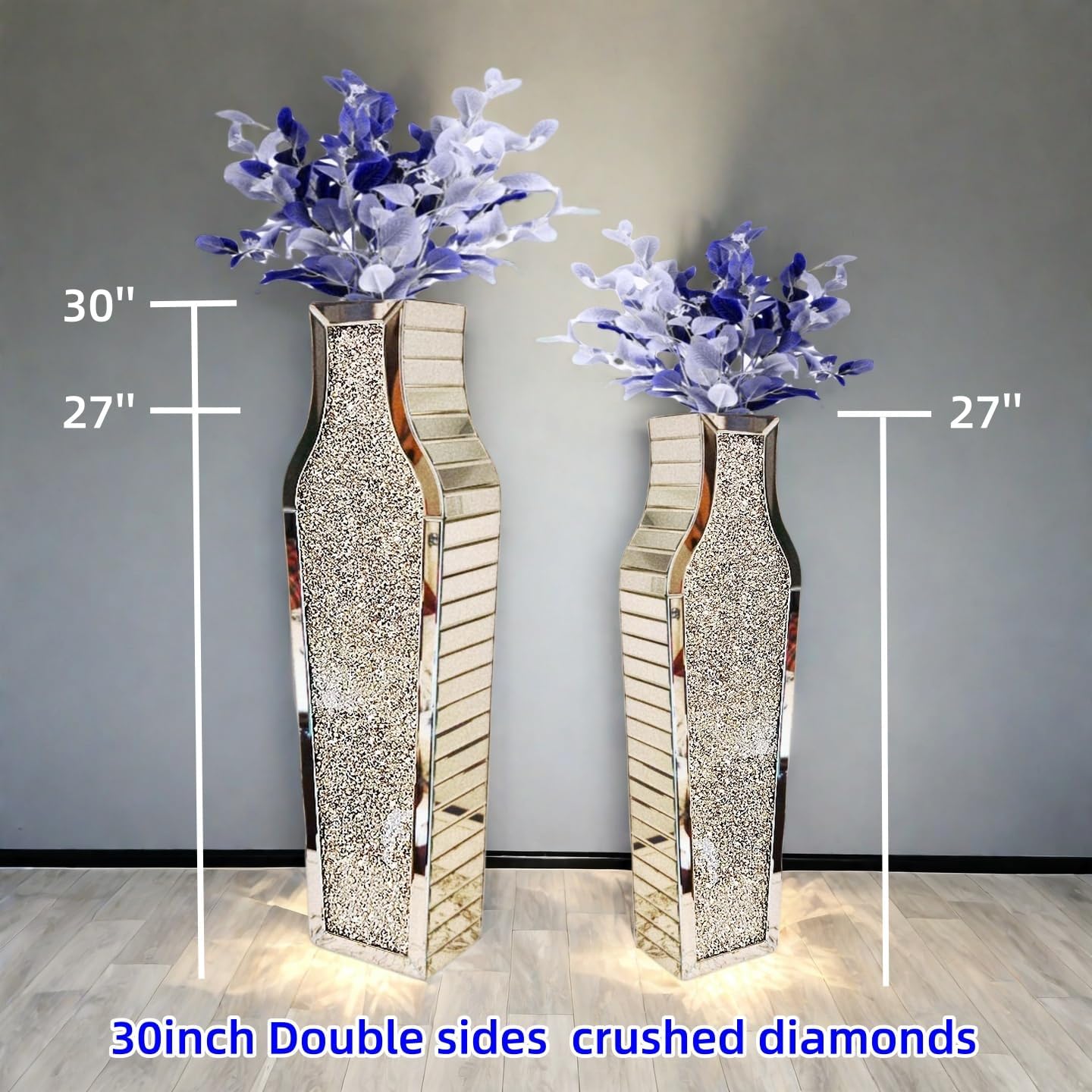 30" Large Double Sided Crushed Diamond Floor Vases,Tall Silver Mirrored Crystal Vase for Floor,Big Floor Vases Decorative Tall for Home,Office,Hotel(Silver,8.6" L x 5.3" W x 30" H)