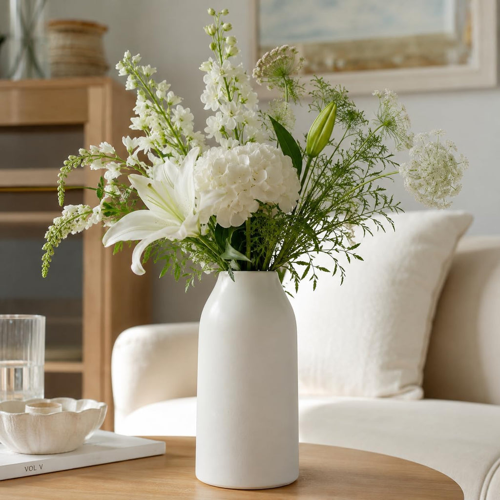 hjn 12 Inch White Ceramic Vase for Flowers, Matte Tall Modern Vase for Decor Minimalist Flower Vase for Home Decor Living Room Tabletop Centerpiece
