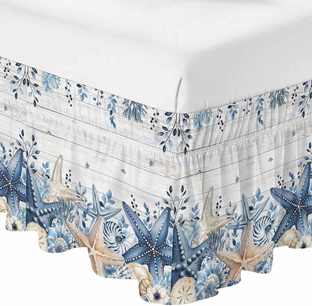 Coastal Bed Skirt California King Size 18" Drop Ocean Blue Beige Starfish Shells Leaves Grey Wooden Ruffled Wrap Around Bed Skirts Adjustable Elastic Bedskirt Dust Ruffle for Queen King Cal.King Bed