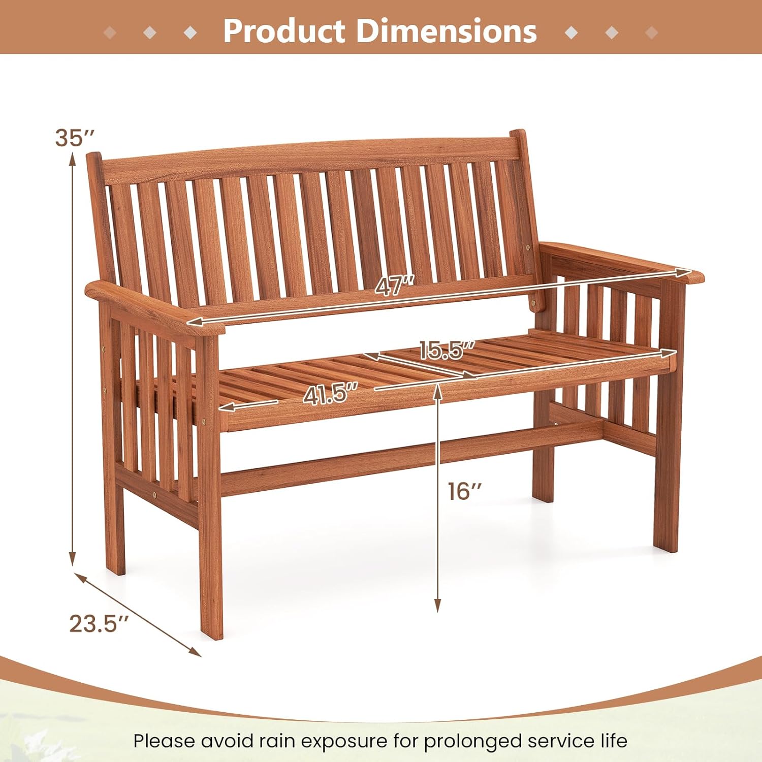 Tangkula Outdoor Wood Garden Bench, 2-Person Patio Park Bench with Backrest, Armrests and Slatted Seat, Outside Loveseat Furniture for Front Porch, Balcony, Deck and Yard