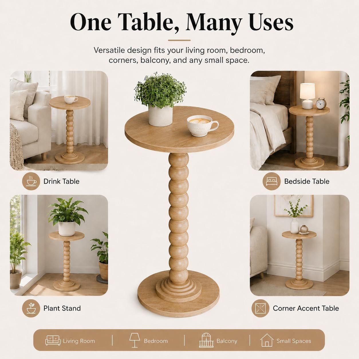 Round Side Table for Small Spaces, Modern Accent End Table with Solid Wood Legs, Versatile Drink Table for Living Room/Bedroom/Corners, Natural Wood