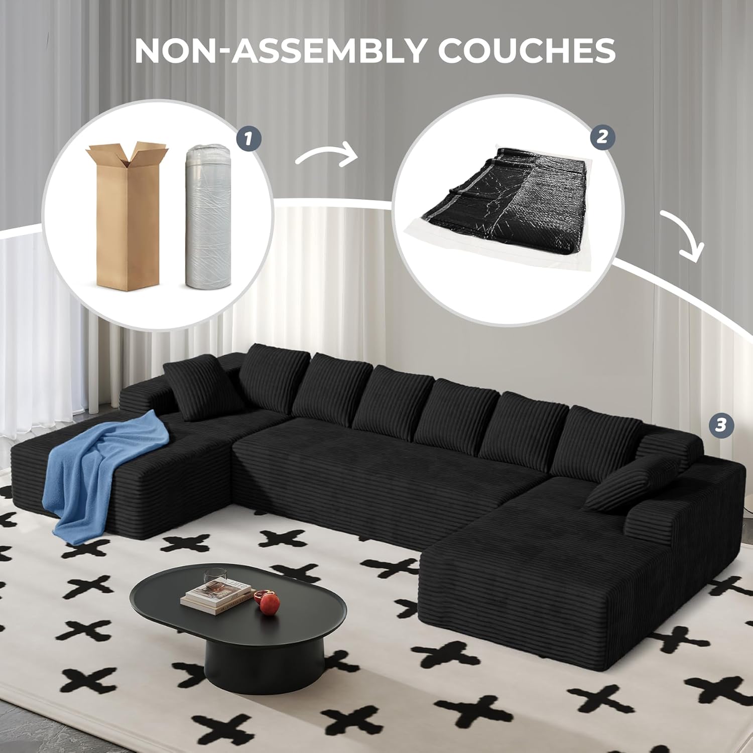 Luxanimarion 131'' Large Sectional Couches with Chaise, U Shaped Cloud Sofa, No Assembly Required Deep Seat Modular Lounge Bed for Living Room 1PCS, Bedroom