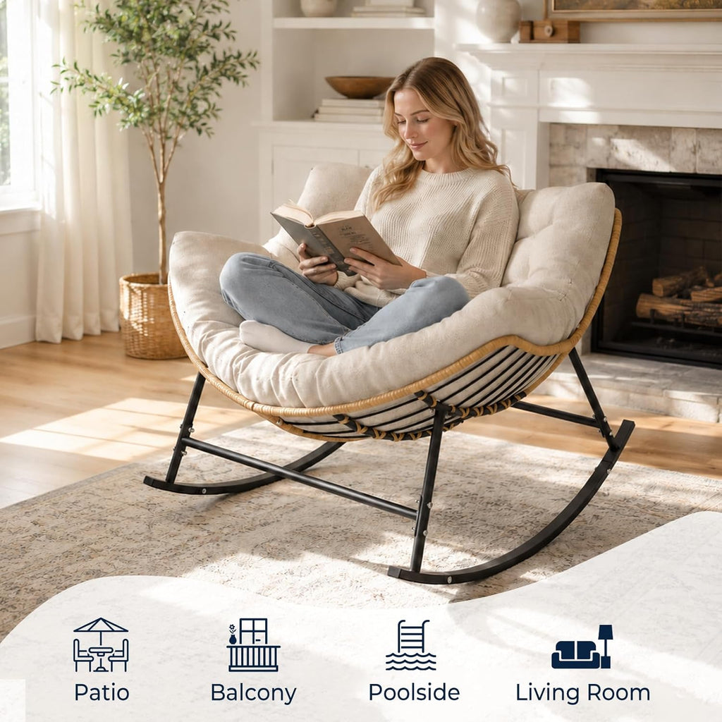 SWITTE Outdoor Oversized Rocking Papasan Chair, Indoor Wicker Egg Lounge with Thick Cushion, 450 lbs Heavy Duty Comfy Patio Rocker Chair for Balcony, Porch, Indoor Living Room, Beige