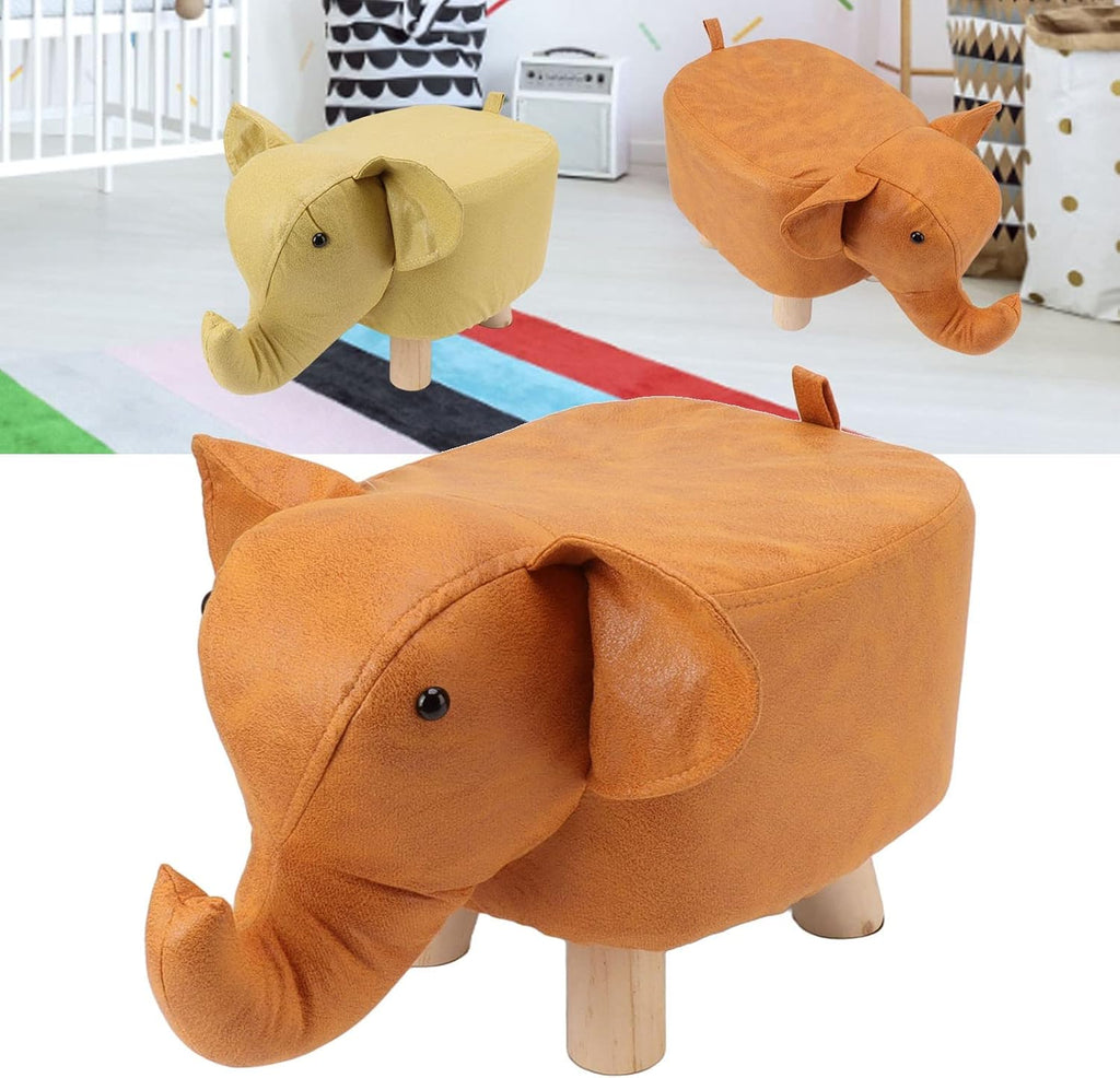 Pine Wood Elephant Footstool Cute and Stable Upholstered Stool for Nursery Bedroom Playroom Living Room Decor for Kids and Adults (Orange)