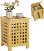 Bamboo End Table with Removable Cushion and Hidden Storage, 2-in-1 Ottoman Side Table with Breathable Grid Design for Small Space, Living Room, Bedroom, Balcony, Entryway